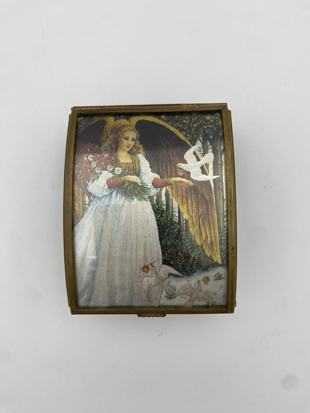 Vtg Enesco Corp Angel Wind-Up Music Box Metal Trinket w/ Green Glass Sides